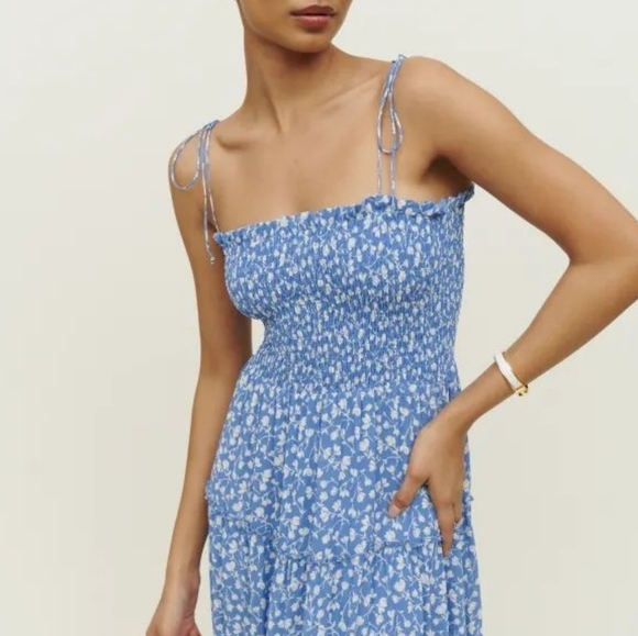 Reformation Nira Smock Dress Strapless Midi Maxi Blue Floral XS - Picture 2 of 12